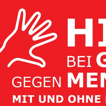 Rote Hintergrundgrafik mit Text: "HILFE bei GEWALT gegen Menschen mit und ohne Behinderung". Ein Hand-Symbol ist zu sehen.