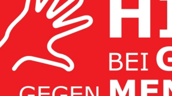Rote Hintergrundgrafik mit Text: "HILFE bei GEWALT gegen Menschen mit und ohne Behinderung". Ein Hand-Symbol ist zu sehen.