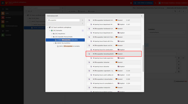 Eine Benutzeroberfläche zeigt eine Liste von Elementen mit verschiedenen Kategorien und Optionen. Ein Eintrag ist hervorgehoben und bezeichnet "IT-Servicedesk". Neben jedem Eintrag stehen verschiedene Symbolen für Aktionen.