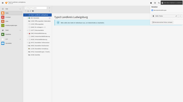 The image displays a content management system interface for "Typo3 Landkreis Ludwigsburg." A sidebar lists various sections like "Seiten" and "Dateien," while the main area contains options for editing a page, along with a user account menu in the top right corner.