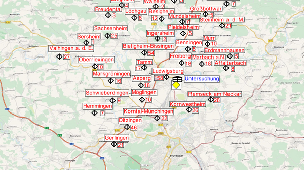 A map displaying the region around the city of Unterhaching, with various locations labeled in red, indicating towns and points of interest. The background is a light green indicating landscape features, while roadways are faintly outlined. Navigation icons appear in the top right corner.