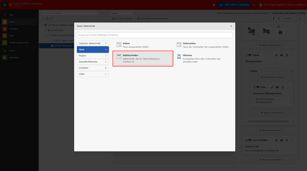 Das Bild zeigt eine Benutzeroberfläche für die Erstellung neuer Inhaltselemente in einer Software. Im Hauptbereich sind Optionen wie „Seiten“ und „Interessen“ angezeigt. Eine Auswahl für den Section-Index ist hervorgehoben, um Seiten und Unterseiten zu organisieren.