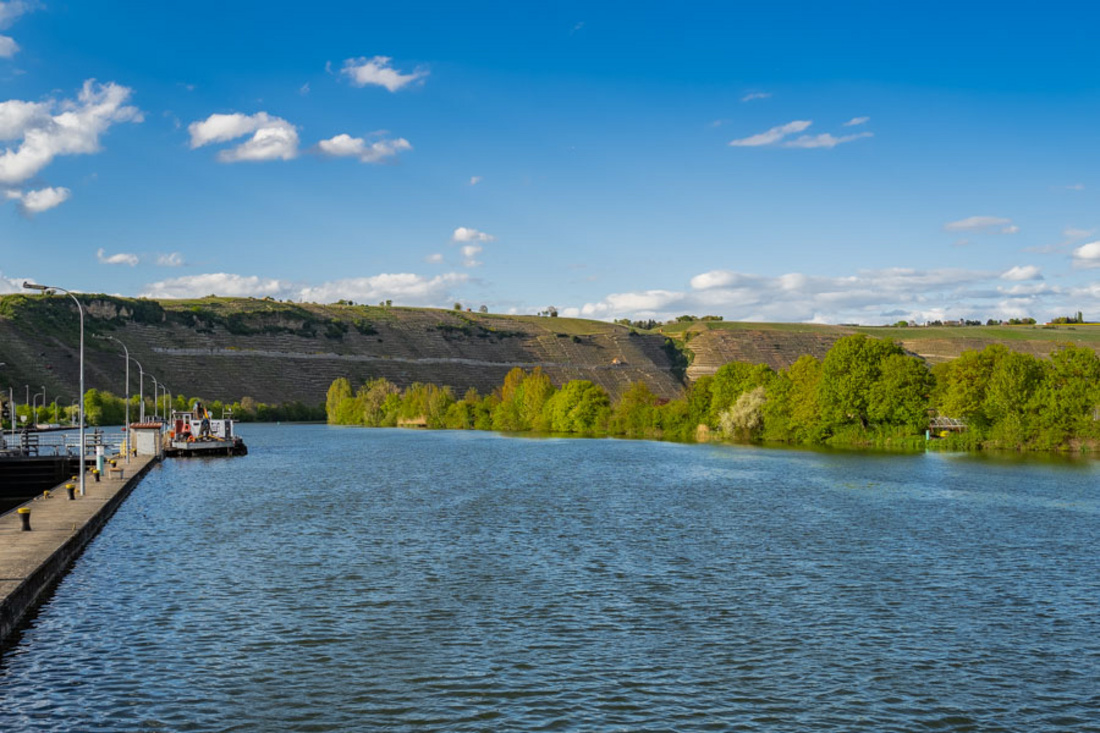 Ein ruhiger Fluss fließt durch eine grüne Landschaft. Am Ufer sind Bäume zu sehen, während sanfte Hügel im Hintergrund aufragen. Der Himmel ist blau mit wenigen Wolken, und eine Anlegestelle ist am linken Bildrand erkennbar.