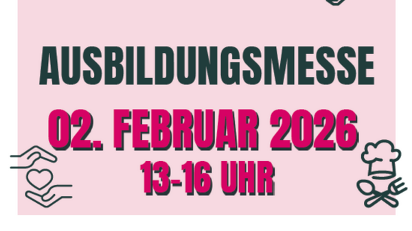 Alternativer Text: "Ein Poster für die Ausbildungsmesse am 02. Februar 2026 von 13 bis 16 Uhr. Es zeigt verschiedene Berufssymbole wie Friseur, Zahnarzt und Glühbirne sowie den Titel 'PLAN A - Ausbildungsmesse'."