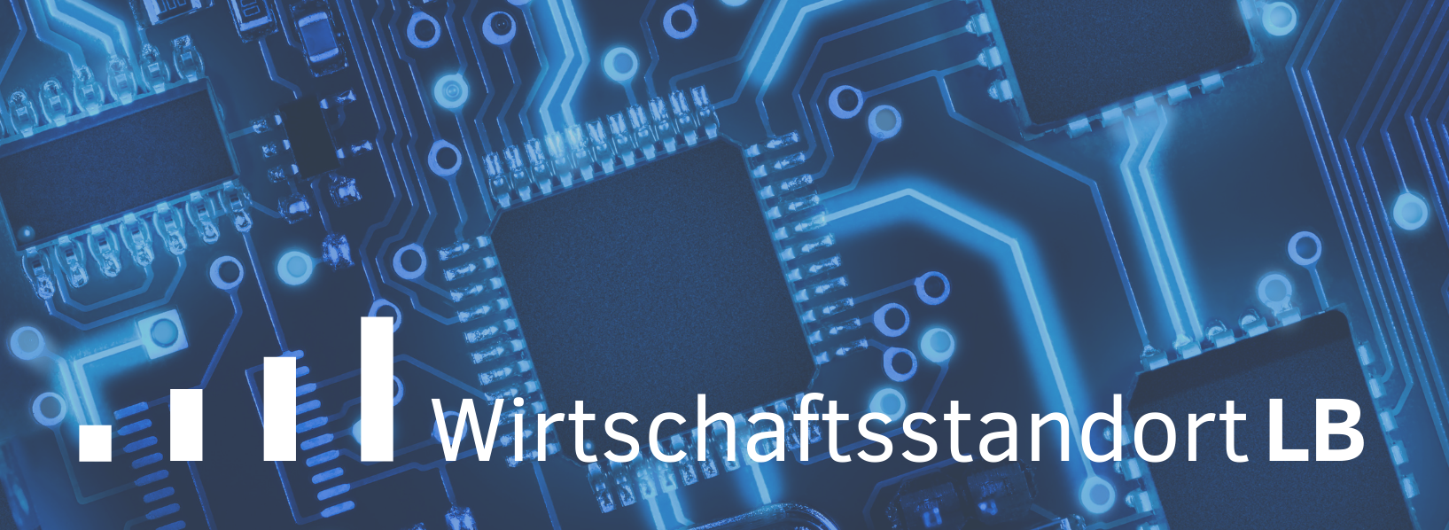 Header Bild: A close-up view of a blue circuit board featuring microchips and connections. The text "Wirtschaftsstandort LB" is prominently displayed at the bottom, indicating a focus on business location or economic development.
