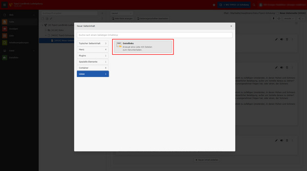 Ein Bildschirm einer Website mit dem Titel "Neues Inhaltselement". Es zeigt Optionen wie "Ihr Überschrift", "Text & Medien" und "Dateiliste" zur Auswahl von Inhaltstypen. Auf der linken Seite sind Navigationsoptionen sichtbar, während oben ein Systemmenü dargestellt wird.