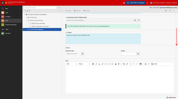 Screenshot of a web content management interface displaying a side menu with sections labeled like "Statutes," "Politics & Administration," and "News." The main area features a date and time field, an archive section, and a rich text editor for content creation, with formatting options visible.
