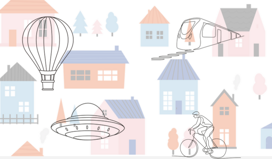 Die Illustration zeigt ein buntes Wohnviertel mit verschiedenen Häusern im Hintergrund. Im Vordergrund sind ein Heißluftballon, ein UFO, ein Zug und eine Person auf einem Fahrrad zu sehen. Die Elemente symbolisieren verschiedene Fortbewegungsmöglichkeiten.