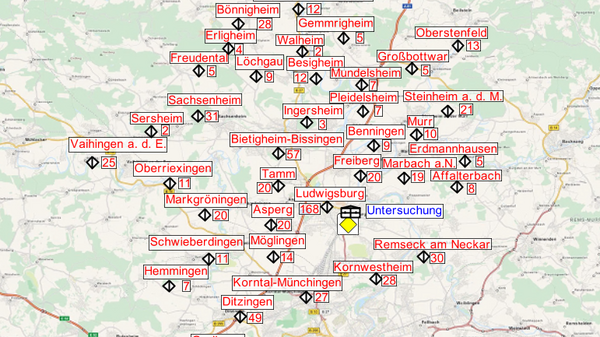 A detailed map highlighting various locations in a central region, marked with red labels indicating towns and cities. The focal point is marked as "Untersuchung." Navigation tools for zooming and orientation are located in the upper right corner.