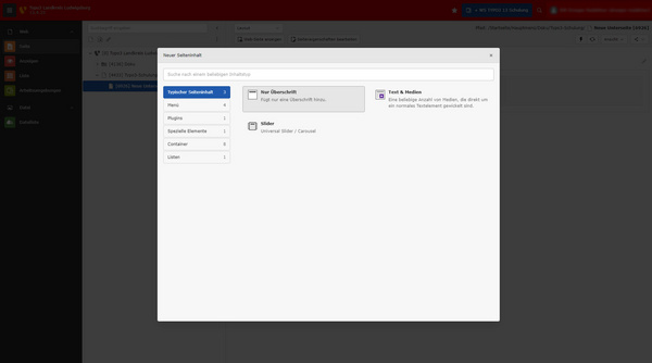 The image displays a website interface for a content management system. It includes a sidebar with menu options and a main area titled "Neues Inhaltselement," where users can choose content types like "Text & Media" or "Besondere Elemente" to create new sections.