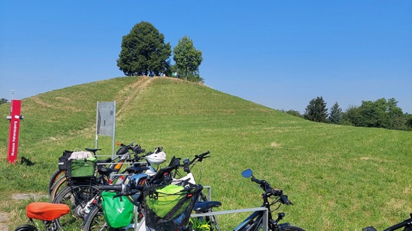 Eine Gruppe von Fahrrädern steht auf einer Wiese, während im Hintergrund ein kleiner Hügel mit Bäumen zu sehen ist. Der Himmel ist klar und blau. Die Fahrräder haben verschiedene Farben und einige sind mit Taschen ausgestattet.