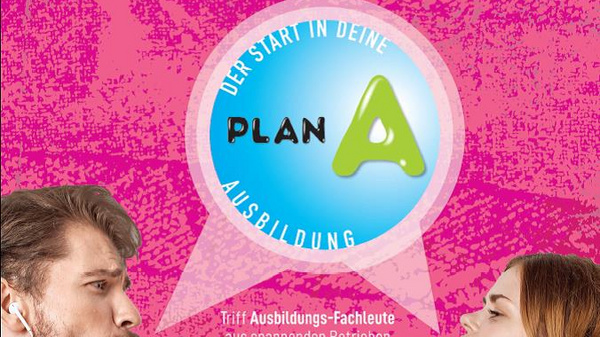 The image promotes an educational fair titled "Ausbildungs-Messe." It features two young people passionately engaging, highlighting opportunities for career guidance. The event is scheduled for February 18, 2020, from 1:00 to 4:00 PM, encouraging attendees to explore various educational pathways.