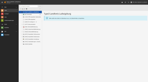 Bildschirmansicht von Typo3 für den Landkreis Ludwigsburg. Links ist ein Navigationsmenü mit mehreren Optionen sichtbar. Im Hauptbereich wird angezeigt, dass derzeit keine Daten zur Bearbeitung vorhanden sind.