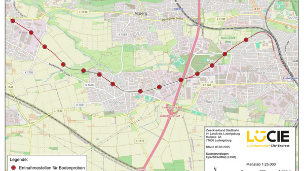 Karte einer Region mit eingezeichneten bestehenden und geplanten Gleisen für den City-Express. Rote Punkte zeigen Entnahmestellen für Bodenproben an. Die Karte beinhaltet Informationen über die geographische Lage und infrastrukturelle Details in der Umgebung von Ludwigsburg und Asperg.
