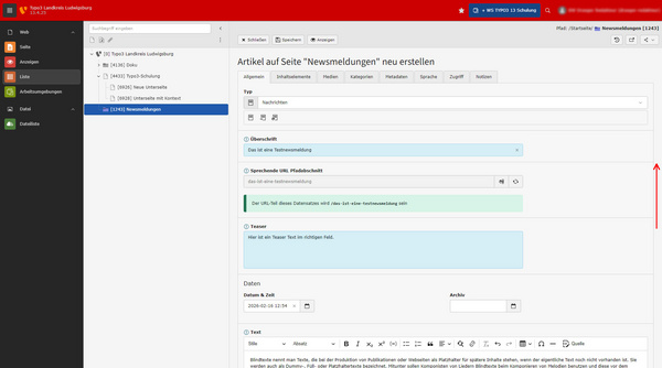 A computer interface display showing a content management system for creating a news article. Sections include general information, categories, metadata, access, and notes. An article title and teaser about an exhibition related to artists with disabilities are visible, along with a date selection option.