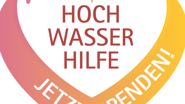 Herzförmiges Logo mit der Aufschrift "HOCH WASSER HILFE" in der Mitte. Darunter steht "JETZT SPENDEN!" in auffälliger Schrift. Die Farben verlaufen von Rosa zu Gelb. Das Bild vermittelt eine Botschaft der Unterstützung für Hochwasseropfer.