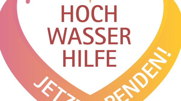 Herzförmiges Logo mit der Aufschrift "HOCH WASSER HILFE" in der Mitte. Darunter steht "JETZT SPENDEN!" in auffälliger Schrift. Die Farben verlaufen von Rosa zu Gelb. Das Bild vermittelt eine Botschaft der Unterstützung für Hochwasseropfer.