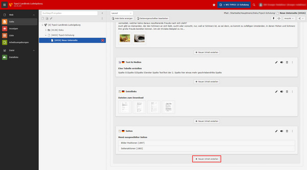 Interface d'un logiciel avec des options de menu sur la gauche. Une zone de texte est visible au centre, contenant des instructions pour créer un tableau. Des sections intitulées "Dateien zum Download" et d'autres éléments sont également présents.