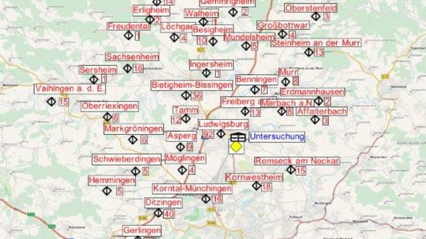 A map displaying various locations marked with labels, including a central area labeled "Untersuchung." The layout shows roads and geographical features, highlighting different towns or points of interest in the region.