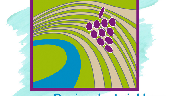 A logo featuring stylized green fields and a blue river, with a cluster of purple grapes prominently displayed. The text below reads "Regionalentwicklung Neckarschleifen e.V." indicating a focus on regional development in the Neckarschleifen area.