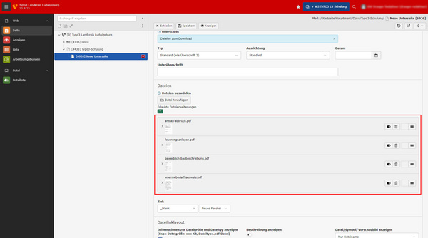 Screenshot einer Benutzeroberfläche eines Content-Management-Systems. Es zeigt eine Dateiübersicht mit Dateinamen, Optionen zum Hochladen und Verwalten von Dateien sowie ein Auswahlfeld zur Sortierung. Links sind Navigationsoptionen sichtbar.