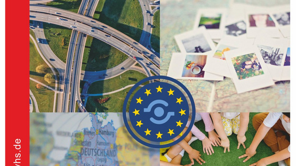 Das Bild zeigt das Programmheft der Schiller-Volkshochschule Ludwigsburg für Januar bis September 2024. Der Schwerpunkt liegt auf dem Thema „Perspektive Europa – miteinander lernen“. Zu sehen sind verschiedene Symbole und Karten von Europa.