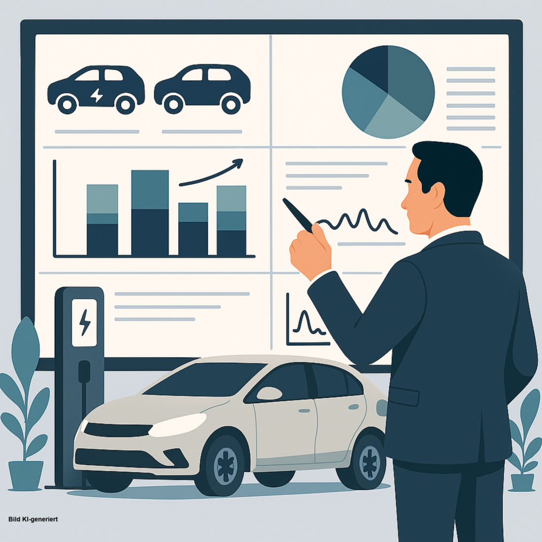 Eine Person steht vor einem Bildschirm, auf dem Grafiken, Diagramme und Informationen zu Elektrofahrzeugen zu sehen sind. Im Vordergrund steht ein Elektroauto neben einer Ladestation. Der Betrachter scheint Daten zu analysieren oder zu präsentieren.