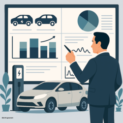 Eine Person steht vor einem Bildschirm, auf dem Grafiken, Diagramme und Informationen zu Elektrofahrzeugen zu sehen sind. Im Vordergrund steht ein Elektroauto neben einer Ladestation. Der Betrachter scheint Daten zu analysieren oder zu präsentieren.