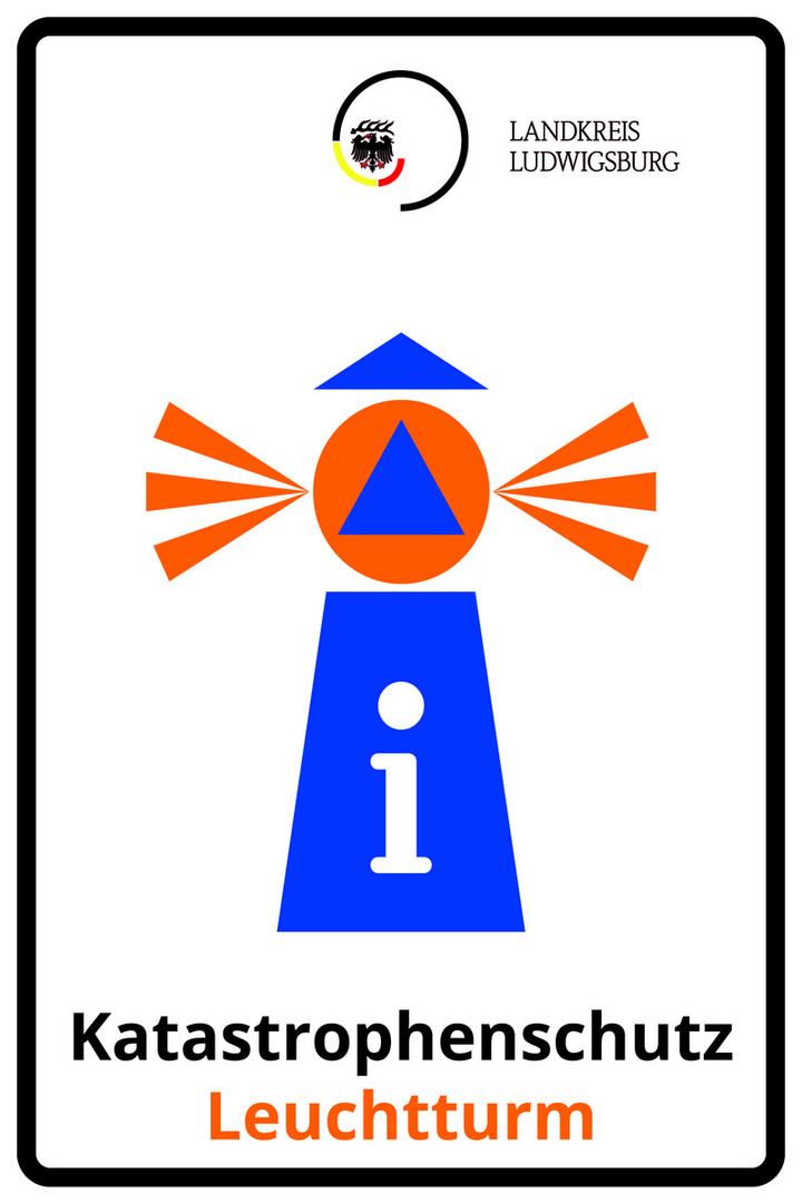 Das Bild zeigt ein Schild zum Katastrophenschutz mit einem Leuchtturm-Symbol. Der Leuchtturm ist blau mit einem orangefarbenen Signal, das eine Informationssignalisierung darstellt. Darunter steht in großen Buchstaben „Katastrophenschutz Leuchtturm“.