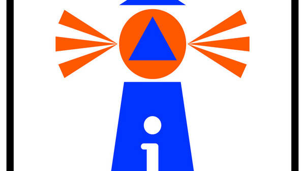 Das Bild zeigt ein Schild zum Katastrophenschutz mit einem Leuchtturm-Symbol. Der Leuchtturm ist blau mit einem orangefarbenen Signal, das eine Informationssignalisierung darstellt. Darunter steht in großen Buchstaben „Katastrophenschutz Leuchtturm“.