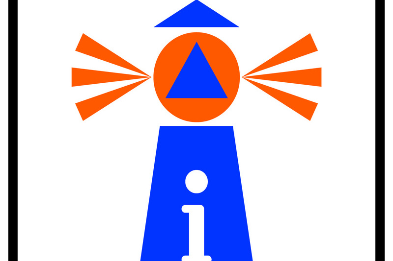 Das Bild zeigt ein Schild zum Katastrophenschutz mit einem Leuchtturm-Symbol. Der Leuchtturm ist blau mit einem orangefarbenen Signal, das eine Informationssignalisierung darstellt. Darunter steht in großen Buchstaben „Katastrophenschutz Leuchtturm“.