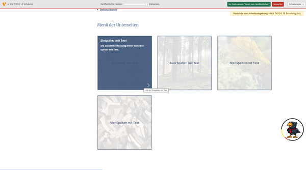 Menu des sous-pages comportant quatre sections : "Liens", "Fichiers - Règles", "Images" et "Spécialités". L'arrière-plan montre un espace extérieur avec des arbres et des chemins.