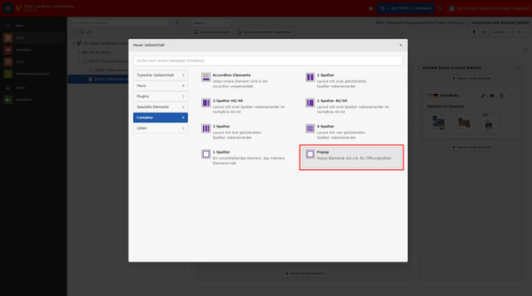Das Bild zeigt ein Auswahlmenü für verschiedene Elemente in einer Benutzeroberfläche. Zu sehen sind Optionen wie „Accordion Elemente“, „Slider“ und „Popups“. Der Bereich für „Popups“ ist rot markiert, um die Auswahl hervorzuheben.