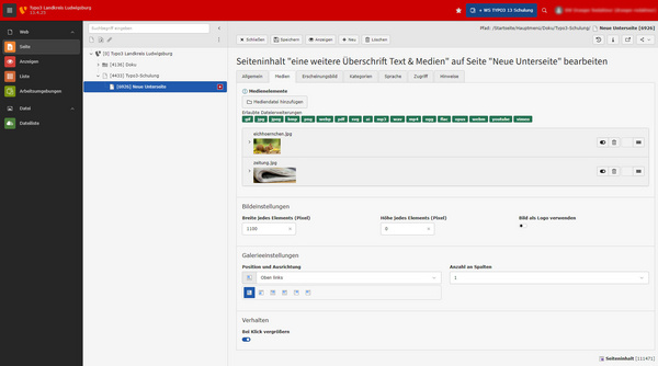 Screenshot eines Content-Management-Systems mit einer Bearbeitungsoberfläche. Auf der linken Seite sind Menüoptionen sichtbar, während rechts die Sektion "Seiteninhalt" mit dem Titel "Dringen notwendig" und verschiedenen Medienelementen angezeigt wird. Es gibt Optionen zur Medienverwaltung und Bearbeitung.