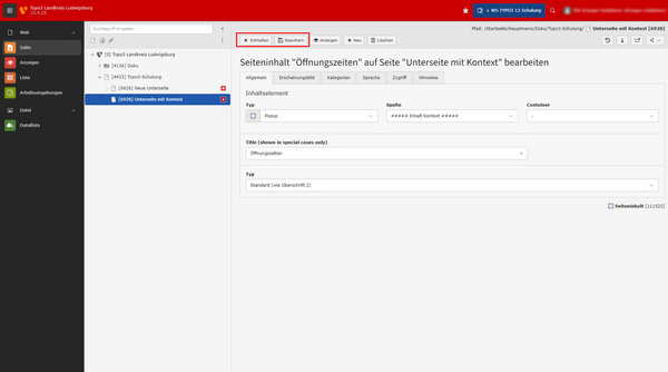 Screenshot eines Verwaltungsinterfaces zur Bearbeitung von Seiteneinhalten. Im Fokus steht der Abschnitt für Öffnungszeiten mit Feldern für Titel und Beschreibung. Links ist eine Menüleiste mit verschiedenen Optionen sichtbar. Der Hintergrund ist in dunklerem Farbton gehalten.