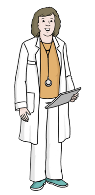 Eine lächelnde Fachkraft in einem weißen Kittel hält ein Stapel Unterlagen in der Hand. Sie trägt eine orangefarbene Bluse und hat eine Stoppuhr um den Hals. Ihre Frisur ist lockig und sie steht aufrecht.