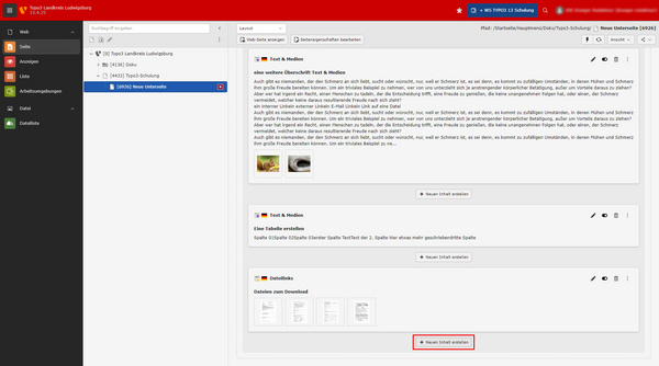 L'image montre une interface de logiciel avec différentes sections telles que "Seiten", "Abplegen" et "Dateien". On y trouve un exemple de texte d'aide concernant la création de tables et le téléchargement de fichiers, organisé en plusieurs onglets pour faciliter la navigation.
