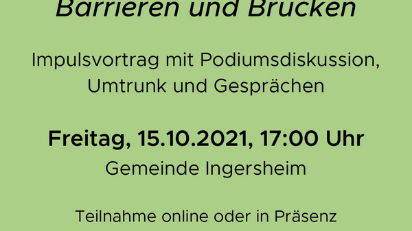 Texte alternatif : Affiche pour un événement « Frauen Wirtschaftstage » se tenant du 13 au 16 octobre 2021. Le 15 octobre, une discussion sur les barrières et les ponts pour les femmes dans le monde professionnel, à 17h à la commune d'Ingersheim. Entrée gratuite.