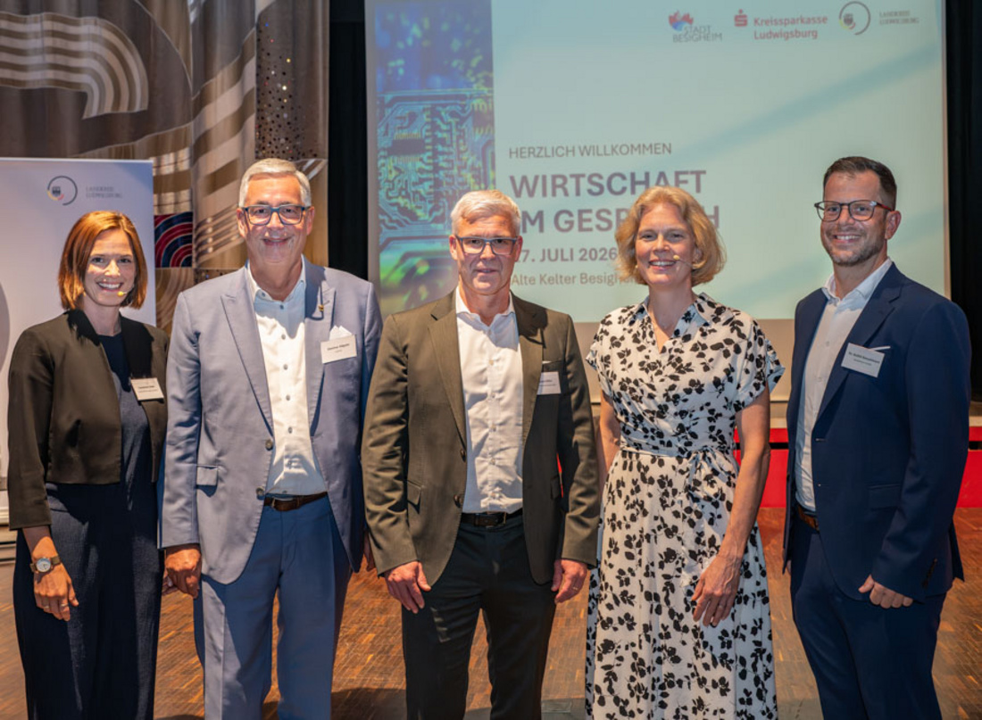 Sechs Personen stehen lächelnd vor einer Leinwand mit dem Text "Wirtschaft im Gespräch". Sie tragen formelle Kleidung und befinden sich in einer Veranstaltungshalle. Im Hintergrund sind dekorative Elemente sichtbar. (Text KI generiert)