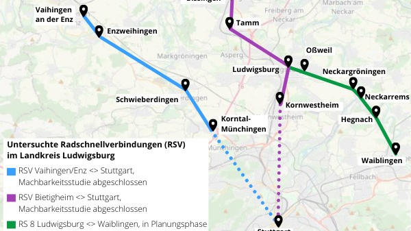 Map showing proposed rapid transport connections in the Ludwigsburg district, highlighting routes from Vahingen/Enz to Stuttgart and Bietigheim to Stuttgart. Different colored lines indicate completed feasibility studies and those under planning, with key locations marked.