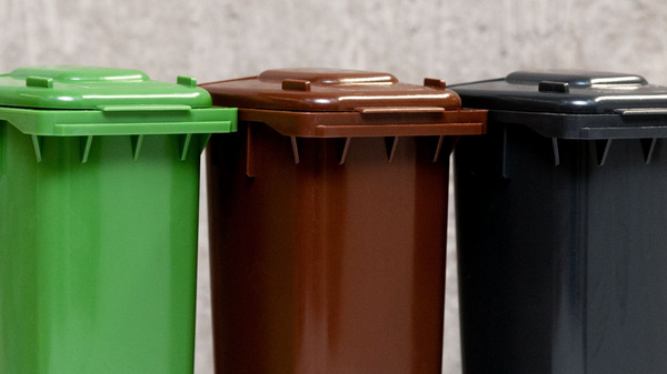 grüne, braune und schwarze Mülltonnen nebeneinander