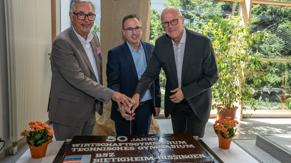 Drei Männer stehen um eine große Torte, die mit der Aufschrift "50 Jahre Wirtschaftsgymnasium Technisches Gymnasium" und einer Flagge dekoriert ist. Sie lächeln und halten gemeinsam eine Kerze über der Torte. Im Hintergrund sind Pflanzen und Fenster sichtbar.