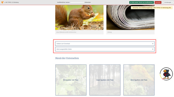 Auf der Website sind Bilder von einem Eichhörnchen und einer Zeitung zu sehen. Darunter befinden sich Eingabefelder zum Herunterladen von Dokumenten sowie eine Menüauswahl mit drei Optionen für verschiedene Layouts: Einspalter, zwei Spalten und drei Spalten.