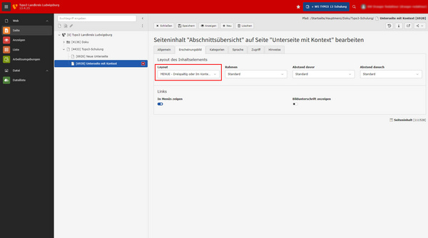 Die Benutzeroberfläche zeigt die Bearbeitung eines Layouts für die Seite "Dringen notwendig". Das Menü enthält Optionen für die Gestaltung des Layouts, wie Rahmen und Abstände. Links und Bildschirminhalte werden ebenfalls erwähnt.