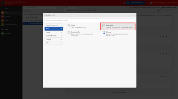 Interface d'un logiciel montrant un menu de création de contenu. La section "Nouveau contenu" est mise en avant avec des options pour ajouter des sous-sections et gérer des pages sélectionnées. Des éléments d'index et un plan de site sont également visibles.