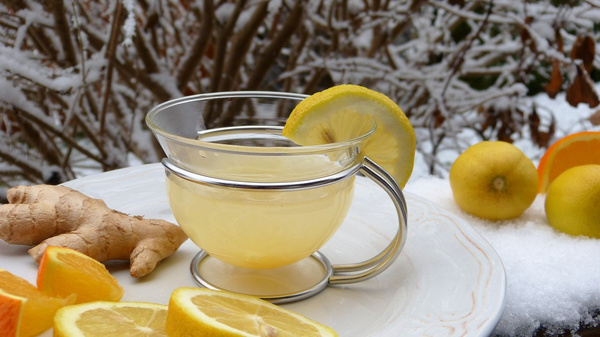 Ein Glas mit heißem Ingwer-Zitronen-Drink steht auf einem Teller. Um das Glas liegen geschnittene Zitronen, Orangenstücke und ein Stück frischer Ingwer. Die Szenerie ist winterlich mit Schneebedecktem Hintergrund.