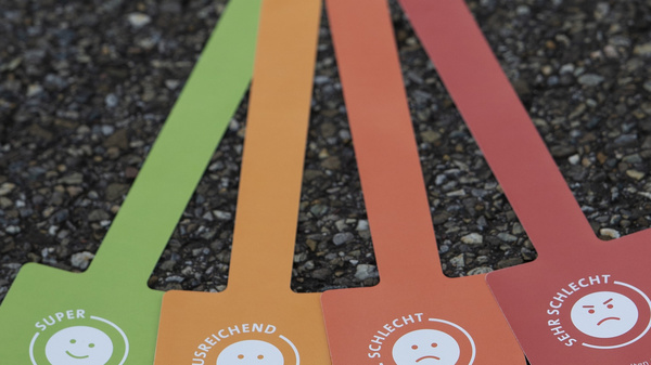 The image features four colored feedback cards, each displaying a different facial expression: a smiling face for "Super," a neutral face for "Ausreichend," a frowning face for "Schlecht," and another sad face for "Sehr Schlecht." Each card conveys varying levels of satisfaction.