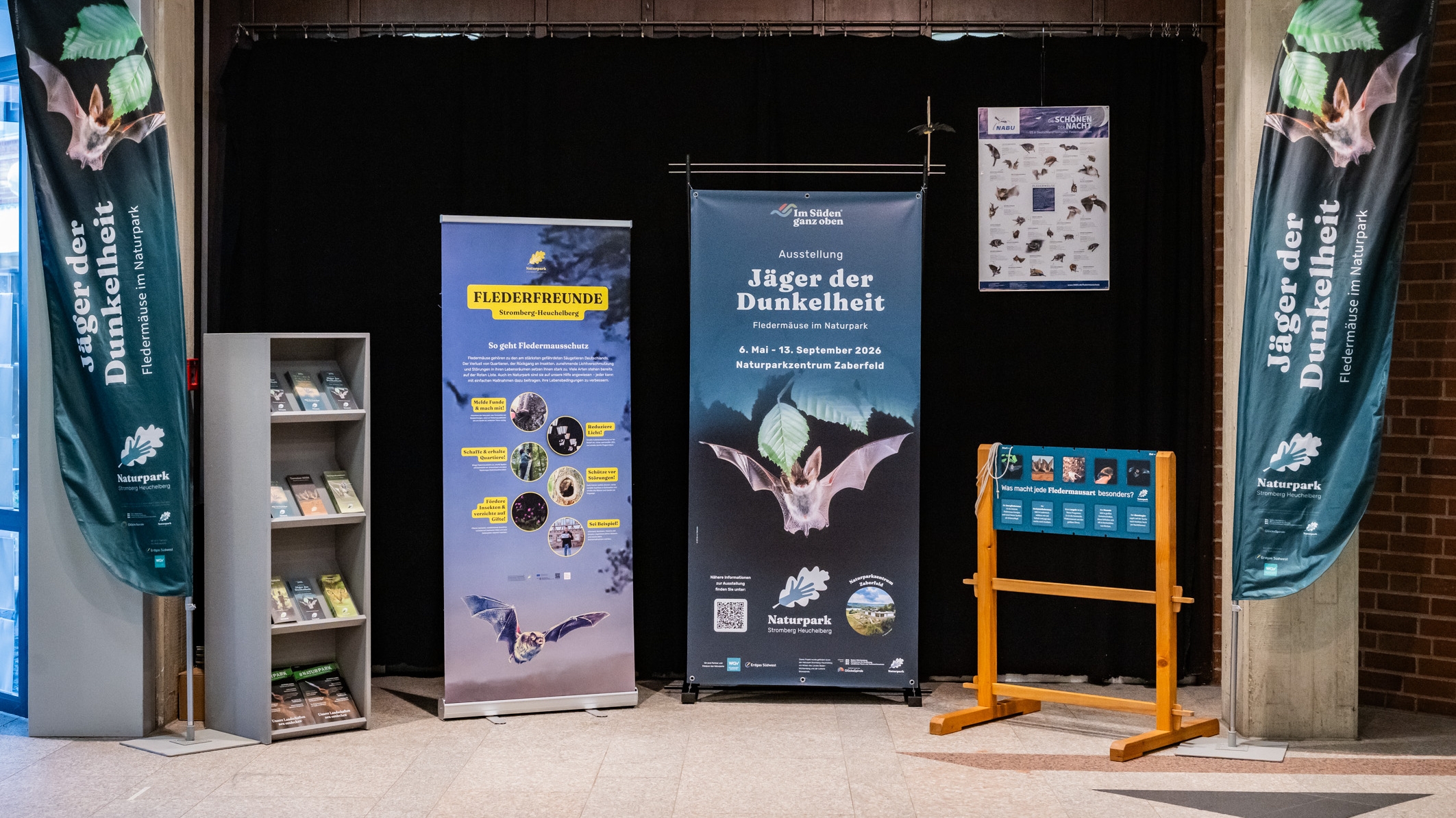 Das Bild zeigt einen Informationsstand mit Bannern zur Ausstellung "Jäger der Dunkelheit", die sich mit Fledermäusen beschäftigt. Im Hintergrund befindet sich ein schwarzes Tuch, während links ein Regal mit Informationsmaterial steht. Rechts ist ein aufstellbares Schild zu sehen.