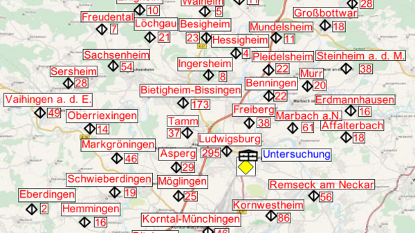 A detailed map highlights various locations with red labels indicating specific sites. The central area shows a highlighted point labeled "Hinterreusch," surrounded by multiple place names and routes, providing an overview of the region's geographic layout and points of interest.