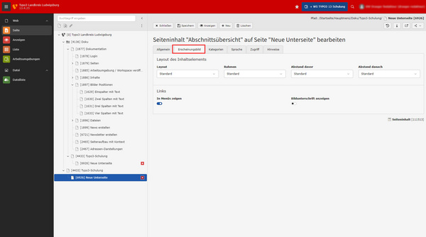 Interface d'un logiciel de gestion de contenu montrant une section de paramètres pour éditer le contenu d'une page intitulée "Dringen notwendig". On peut y voir des options pour le layout des éléments, ainsi que des paramètres de langues et d'accessibilité.